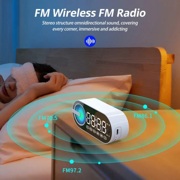Caixa de som bluetooth sem fio silenciosa, relógio despertador, RGB, TWS (True Wireless Stereo), entrada USB, relógio digital com espelho LED, rádio FM, com tela grande, ideal para decoração de sala de estar e escritório - Image 4