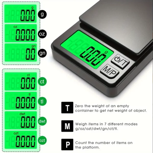 Balança de Precisão Portátil 1000g x 0.1g - Balança Digital para Gramas, Alimentos, Joias, Onças/Grãos com LCD Retro-iluminado - Mini Balança para Viagens - Image 3