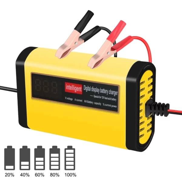 Carregador de Bateria de Carro Automático Completo com Display Digital LCD, Carregamento Rápido de 2A, 3 Estágios, Carregadores para Baterias de Chumbo Ácido, AGM e GEL