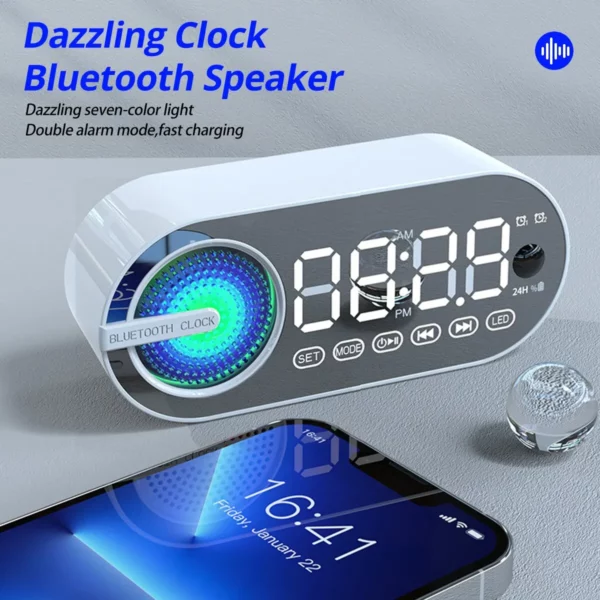 Caixa de som bluetooth sem fio silenciosa, relógio despertador, RGB, TWS (True Wireless Stereo), entrada USB, relógio digital com espelho LED, rádio FM, com tela grande, ideal para decoração de sala de estar e escritório