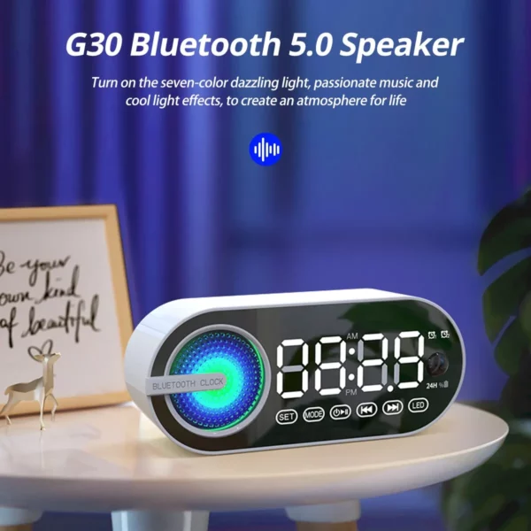 Caixa de som bluetooth sem fio silenciosa, relógio despertador, RGB, TWS (True Wireless Stereo), entrada USB, relógio digital com espelho LED, rádio FM, com tela grande, ideal para decoração de sala de estar e escritório - Image 3