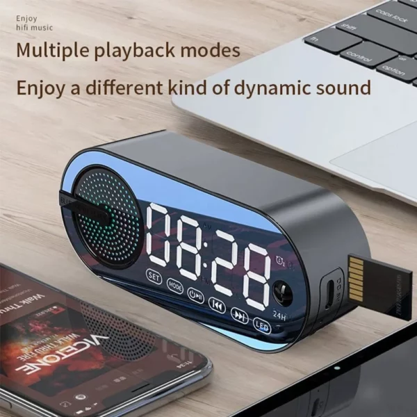 Caixa de som bluetooth sem fio silenciosa, relógio despertador, RGB, TWS (True Wireless Stereo), entrada USB, relógio digital com espelho LED, rádio FM, com tela grande, ideal para decoração de sala de estar e escritório - Image 2