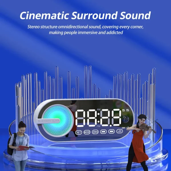 Caixa de som bluetooth sem fio silenciosa, relógio despertador, RGB, TWS (True Wireless Stereo), entrada USB, relógio digital com espelho LED, rádio FM, com tela grande, ideal para decoração de sala de estar e escritório - Image 6